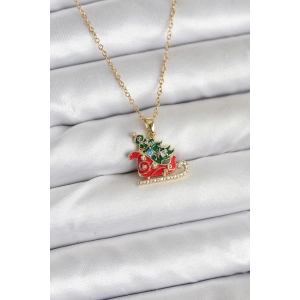 316L Çelik Zincir Gold Renk Kızak ve Çam Ağacı Figürlü Yılbaşı Temalı Kadın Kolye