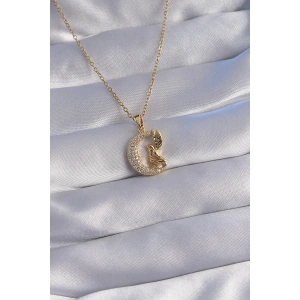 316L Çelik Zincir Gold Renk Kuş Figürlü Zirkon Taşlı Ay Tasarımlı Kolye
