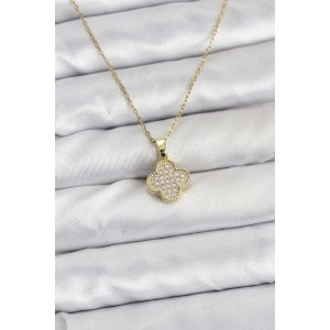 316L Çelik Zincir Gold Renk Zirkon Taşlı Yonca Model Kadın Kolye