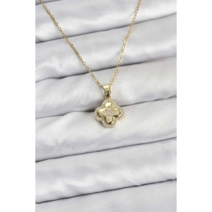 316L Çelik Zincir Gold Renk Zirkon Taşlı Yonca Model Kadın Kolye