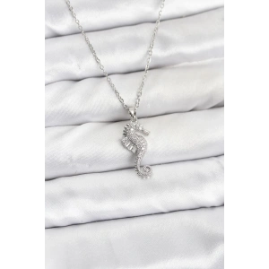 316L Çelik Zincir Gümüş Renk Deniz Atı Model Zirkon Taşlı Kadın Kolye