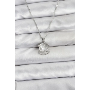 316L Çelik Zincir Gümüş Renk İstiridye İnci Model Zirkon Taşlı Kadın Kolye