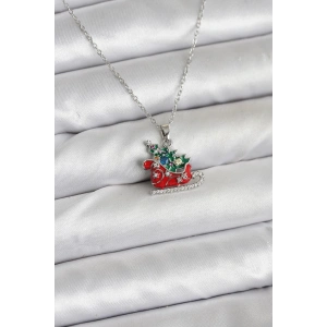 316L Çelik Zincir Gümüş Renk Kızak ve Çam Ağacı Figürlü Yılbaşı Temalı Kadın Kolye