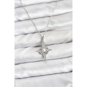 316L Çelik Zincir Gümüş Renk Kutup Yıldızı Model Zirkon Taşlı Kadın Kolye