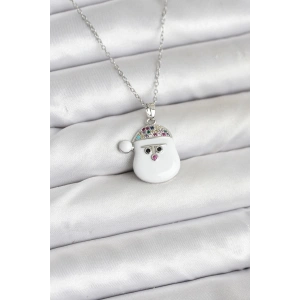 316L Çelik Zincir Gümüş Renk Şapkalı Kardan Adam Kafası Model Yılbaşı Temalı Kadın Kolye