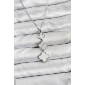 316L Çelik Zincir Gümüş Renk Yonca Detaylı Zirkon Taşlı Kadın Kolye