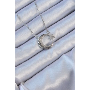 316L Çelik Zincir Gümüş Renk Zirkon Taşlı Motifli Ay Yıldız Kolye