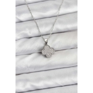 316L Çelik Zincir Gümüş Renk Zirkon Taşlı Yonca Model Kadın Kolye