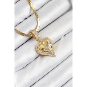 316L Çelik Zirkon Taşlı Kalp Model Gold Renk Kadın Kolye