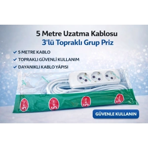 5 Metre Uzatma Kablosu 3’lü Topraklı Grup Priz 16A Dayanıklı Kablo