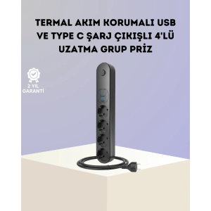 Akım Korumalı Çoklu Priz 4’lü 2 USB 1 Type-C 2500W Güçlü Tasarım