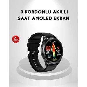 AMOLED Ekranlı Akıllı Saat – 3 Kordon Seçenekli, Suya Dayanıklı, Kalp Atış ve Uyku Takip Özellikli
