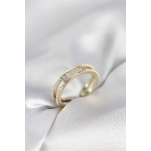Baget Zirkon Taşlı Gold Renk İncili Kadın Yüzük