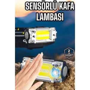 Beyaz Led Işık Sensörlü Kafa Lambası Lityum Batarya Led El Fenerli Şarjlı