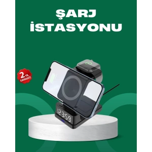 Dijital Saatli Kablosuz Şarj İstasyonu – 3’ü 1 Arada Apple Uyumlu Hızlı Şarj ve LED Ekran