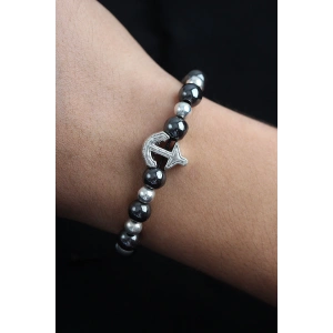 Doğal Taş Çapa Model Gümüş Ve Füme Renk Asansörlü Erkek Bileklik