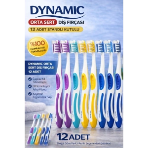 Dynamic Orta Sert Diş Fırçası 12 Adet Standlı Kutulu Medium Çapraz Kıl Teknolojili Dil Temizleyicili Ergonomik Saplı Diş Fırçası