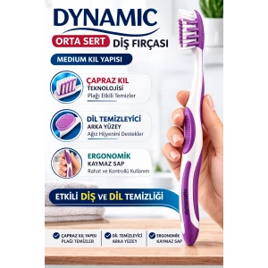 Dynamic Orta Sert Diş Fırçası Medium Çapraz Kıl Yapılı Dil Temizleyicili Ergonomik Diş Fırçası 1 Adet
