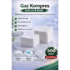 Gaz Kompres 5x5 cm 8 Katlı 500 Adet Steril Olmayan Tel Tel Spanç Pansuman Bezi