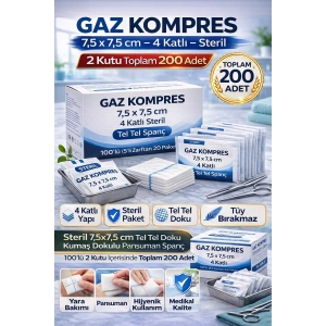 Gaz Kompres 7,5x7,5 cm 4 Katlı Steril 200 Adet Tel Tel Spanç Pansuman Bezi (2KUTU)