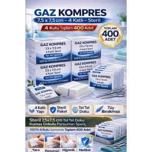 Gaz Kompres 7,5x7,5 cm 4 Katlı Steril 400 Adet Tel Tel Spanç Pansuman Bezi(4KUTU)