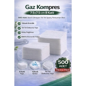Gaz Kompres 7,5x7,5 cm 8 Katlı 500 Adet Steril Olmayan Tel Tel Spanç Pansuman Bezi