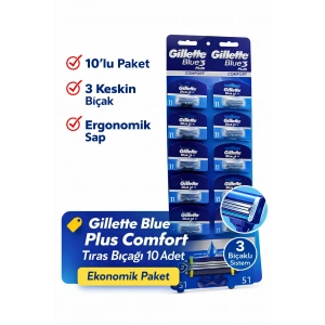 Jilet Blue 3 Plus Comfort Tıraş Bıçağı 10 Adet – 3 Bıçaklı Ergonomik Saplı Erkek Tıraş Bıçağı Seti