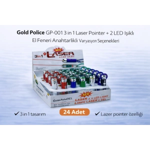 Gold Police GP-001 3 in 1 Laser Pointer + 2 LED Işıklı El Feneri Anahtarlıklı 24 Adet