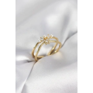 Gold Renk İncili Yıldız Model Zirkon Taşlı Kadın Yüzük