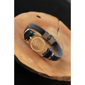 Gold Renk Metal Labirent Tasarım Siyah Renk Deri Erkek Bileklik