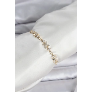 Gold Renk Yonca Model Zirkon Taşlı Asansörlü Kadın Bileklik