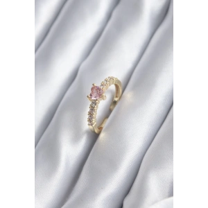 Gold Renk Zirkon Taşlı Pembe Kristal Kalp Model Kadın Yüzük