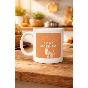 Good Morning Kedi Desenli Porselen Kupa MODEL 72 – Sevimli Kedi Figürlü, Kahve & Çay Kupası, Hediyelik Porselen Bardak
