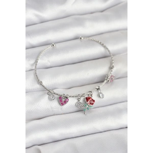 Gül Charmlı Gümüş Renk Pirinç Kadın Bileklik