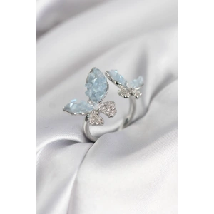 Gümüş Renk Mavi Kelebek Model Zirkon Taşlı Kadın Yüzük