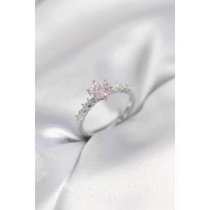 Gümüş Renk Pembe Tek Taş Model Zirkon Taşlı Kadın Yüzük