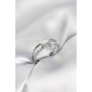 Gümüş Renk Sedefli Kedi Model Fiyonklu Zirkon Taşlı Kadın Yüzük