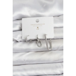 Gümüş Renk Zirkon Taşlı 3lü Kadın Küpe Seti