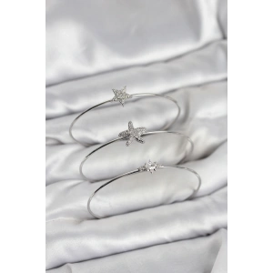 Gümüş Renk Zirkon Taşlı Deniz Yıldızı Model 3lü Kadın Bileklik Kombini
