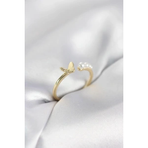 İncili Kelebek Model Gold Renk Pirinç Kadın Yüzük