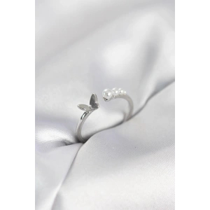 İncili Kelebek Model Gümüş Renk Pirinç Kadın Yüzük