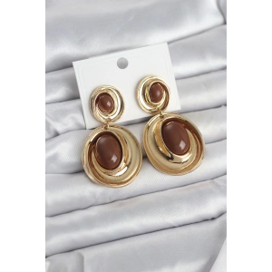Kahverengi Sallantılı Damla Model Gold Renk Vintage Kadın Küpe