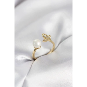 Kelebek İncili Model Gold Renk Zirkon Taşlı Kadın Yüzük