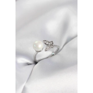 Kelebek İncili Model Gümüş Renk Zirkon Taşlı Kadın Yüzük