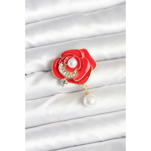 Kırmızı Gül İncili Model Broş