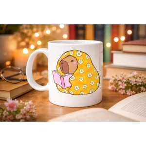 Kitap Okuyan Kapibara Desenli Porselen Kupa MODEL 102 – Sıcacık Tasarım , Kahve & Çay Kupası , Kitap Severlere Özel Hediyelik