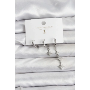 Kutup Yıldızı Model Gümüş Renk Pirinç 3lü Kadın Küpe Seti