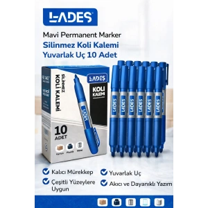 Lades Mavi Permanent Marker Silinmez Koli Kalemi Yuvarlak Uç 10 Adet