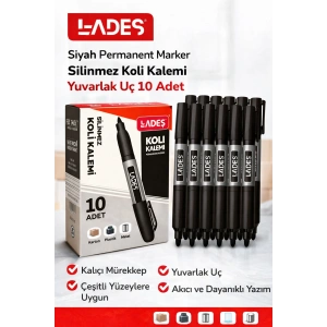 Lades Siyah Permanent Marker Silinmez Koli Kalemi Yuvarlak Uç 10 Adet