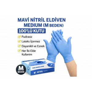 Mavi Nitril Eldiven Medium M Beden Pudrasız 100’lü 1 Kutu Tek Kullanımlık Muayene Eldiveni Lateksiz Koruyucu Eldiven